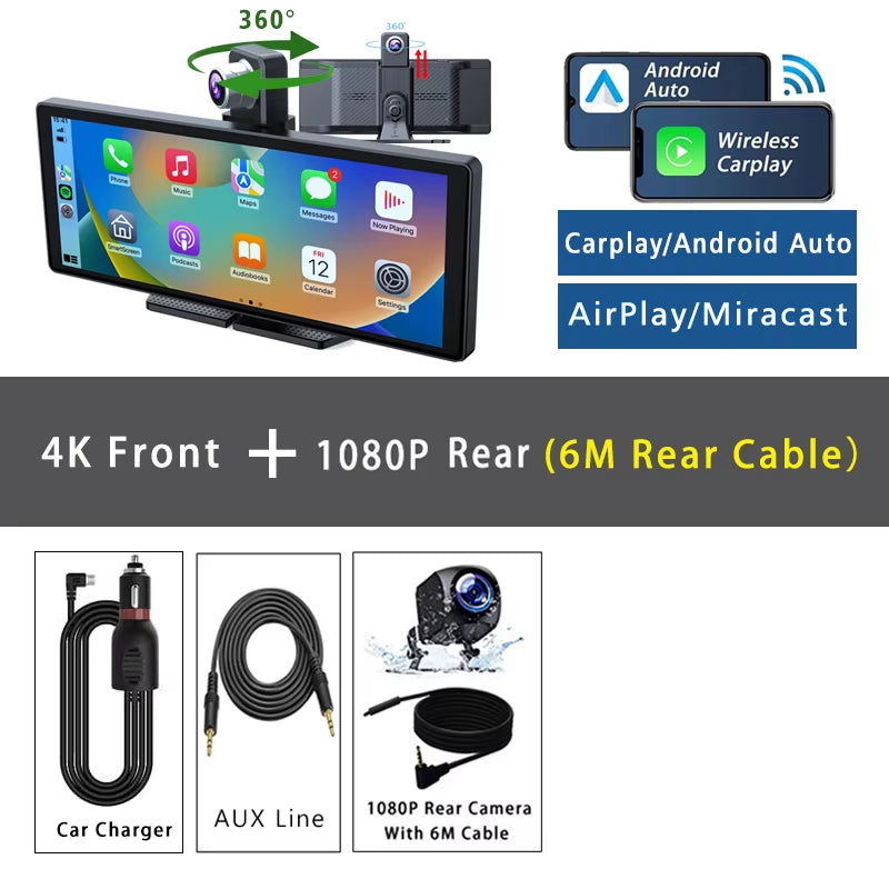 10.26" Dash Cam 4K 2160P Carplay & Android Auto Car DVR Video Drive Recorder Stream Dahscam 360 ° Rotation Camera 5G Wifi GPS FM