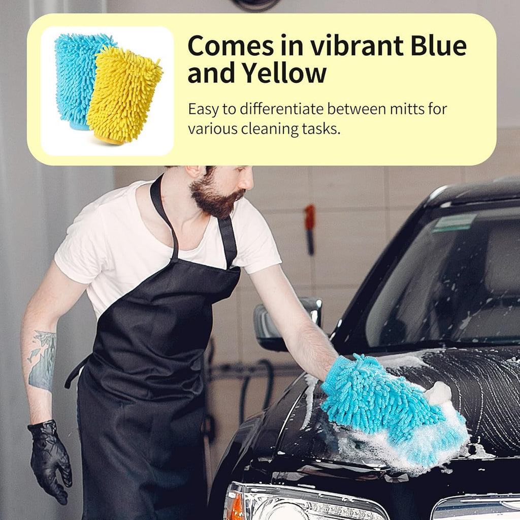 Premium Microfiber Car Wash Mitts - 2 Pack in Blue & Yellow for a Spotless Shine