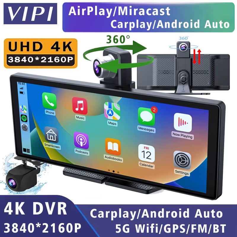 10.26" Dash Cam 4K 2160P Carplay & Android Auto Car DVR Video Drive Recorder Stream Dahscam 360 ° Rotation Camera 5G Wifi GPS FM