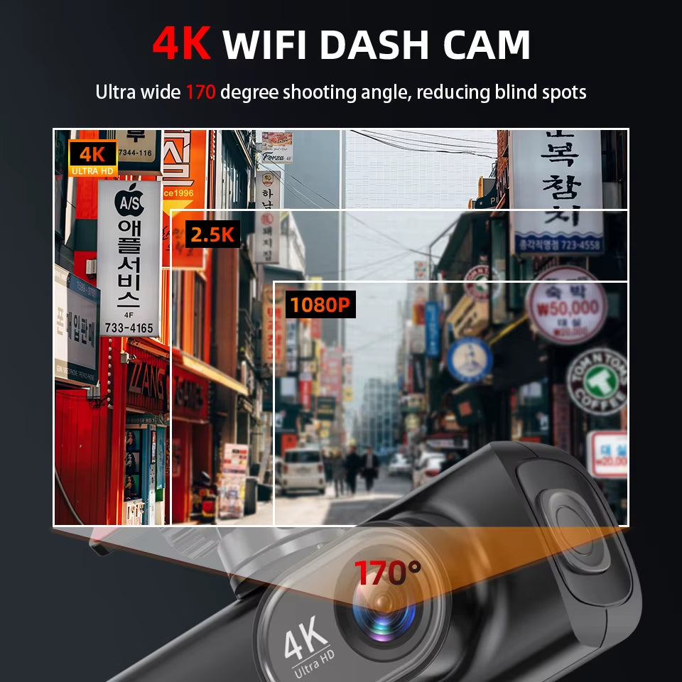 Dash Cam UHD 4K for Car Camera Night Vision with GPS Wifi 24H Parking Loop Record 4K Front and 1080P Rear Dual Lens