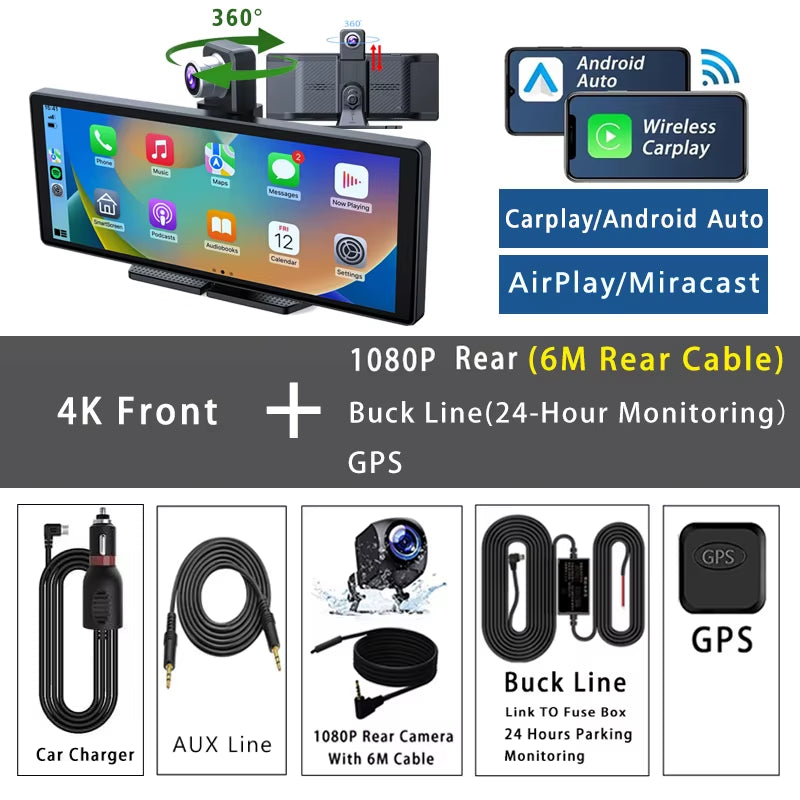 10.26" Dash Cam 4K 2160P Carplay & Android Auto Car DVR Video Drive Recorder Stream Dahscam 360 ° Rotation Camera 5G Wifi GPS FM