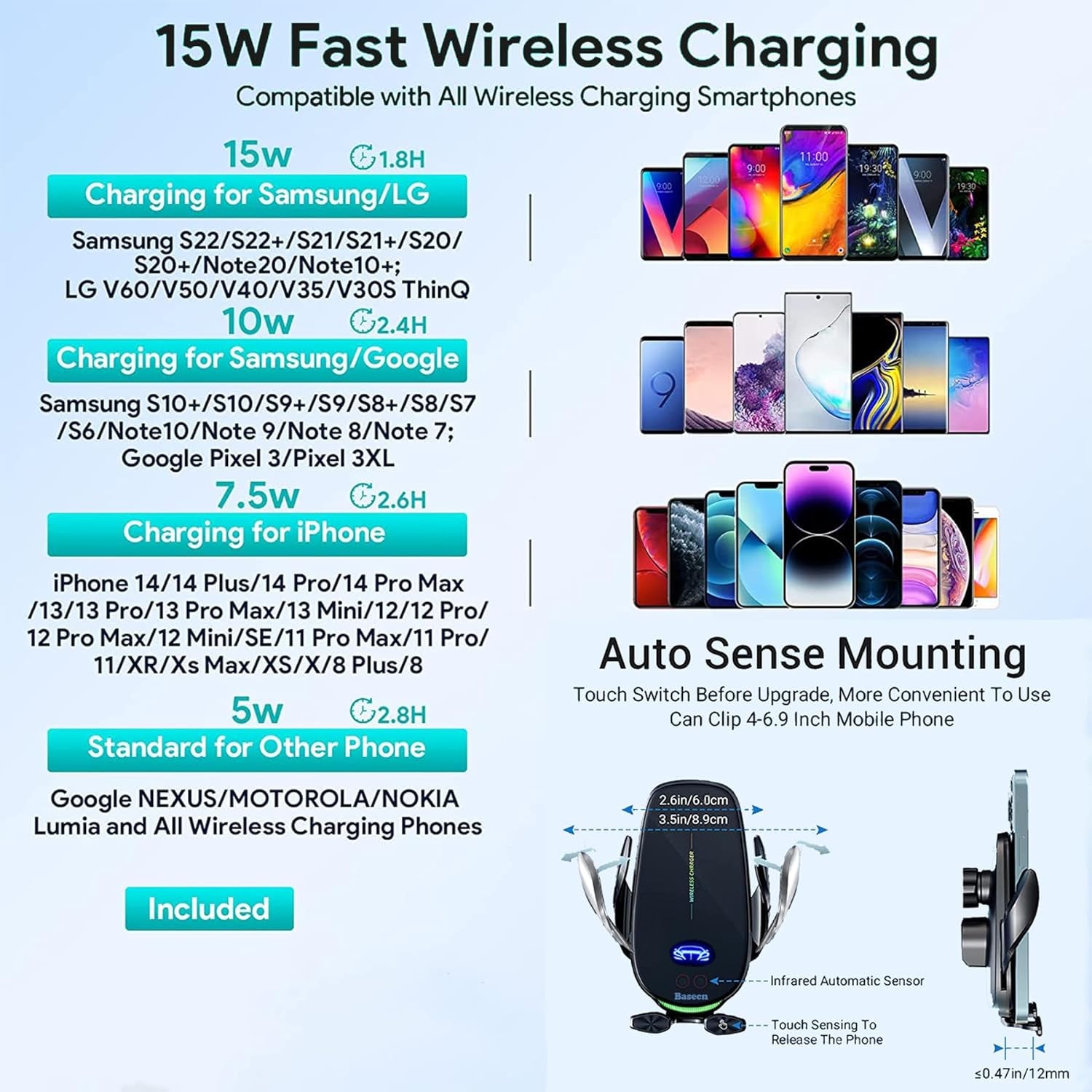 15W Fast Wireless Phone Charger & Auto-Clamping Car Holder - Perfect for Office, Kitchen & More!