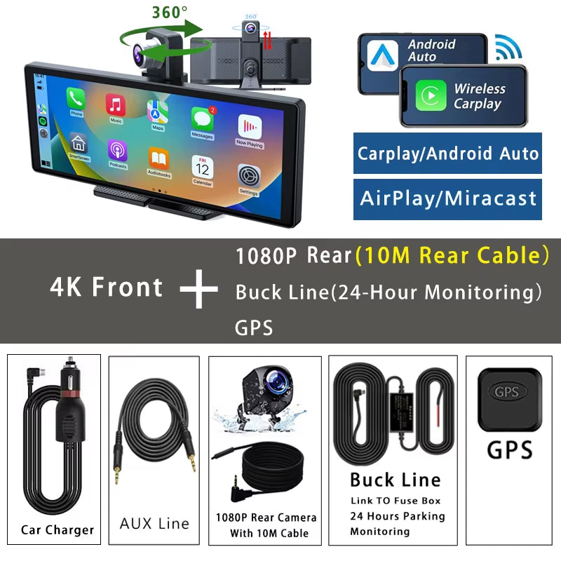 10.26" Dash Cam 4K 2160P Carplay & Android Auto Car DVR Video Drive Recorder Stream Dahscam 360 ° Rotation Camera 5G Wifi GPS FM
