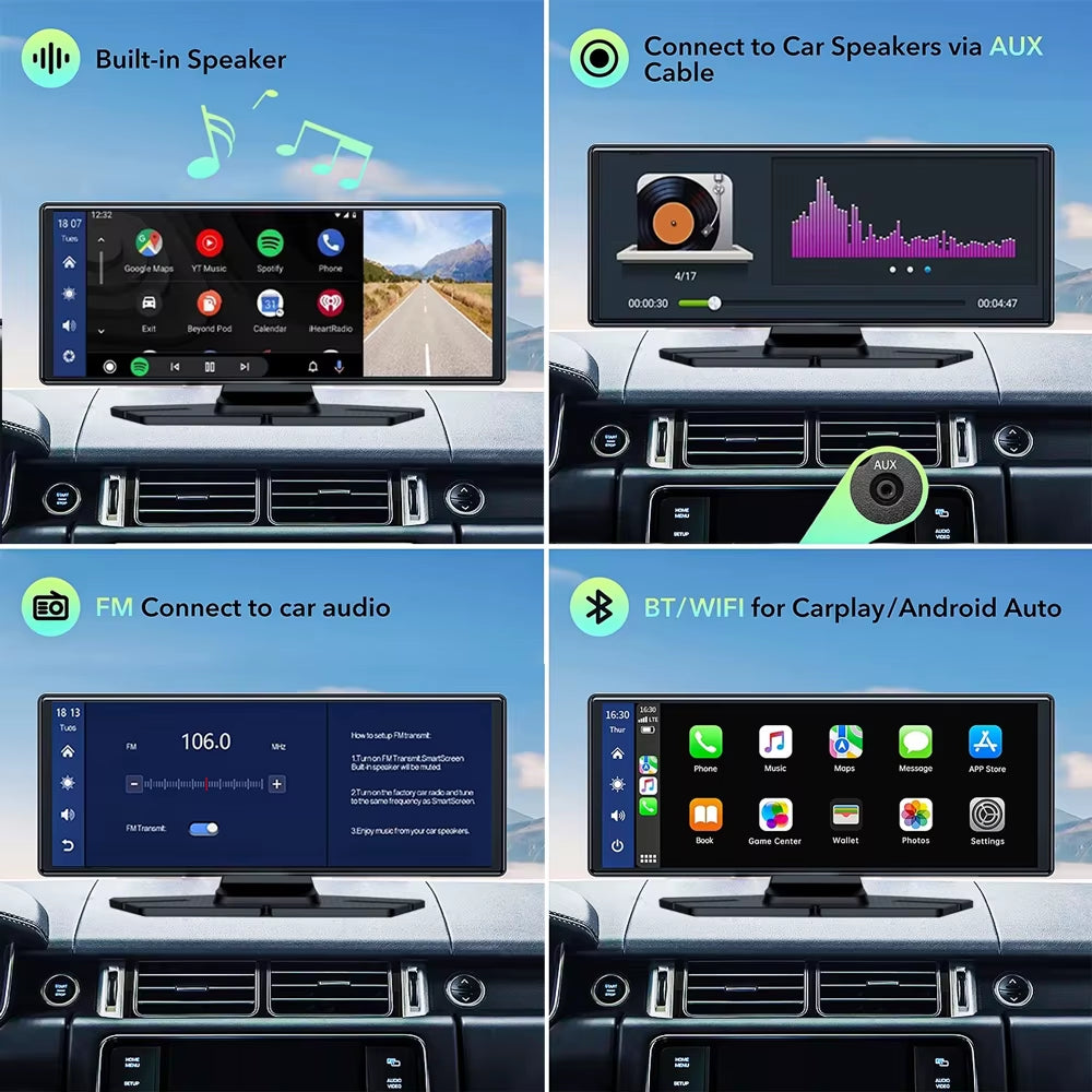 10.26" Dash Cam 4K 2160P Carplay & Android Auto Car DVR Video Drive Recorder Stream Dahscam 360 ° Rotation Camera 5G Wifi GPS FM