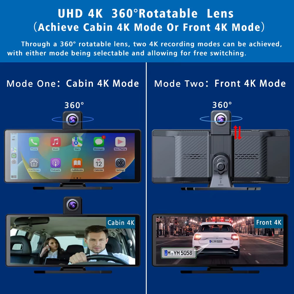 10.26" Dash Cam 4K 2160P Carplay & Android Auto Car DVR Video Drive Recorder Stream Dahscam 360 ° Rotation Camera 5G Wifi GPS FM