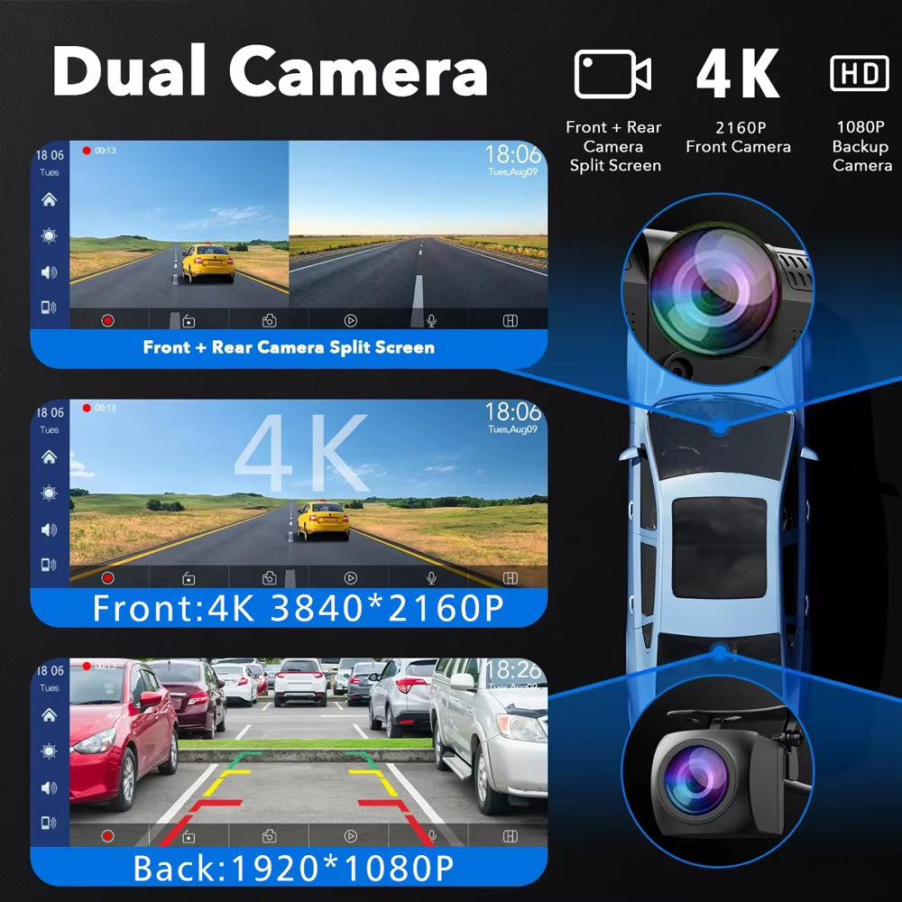 10.26" Dash Cam 4K 2160P Carplay & Android Auto Car DVR Video Drive Recorder Stream Dahscam 360 ° Rotation Camera 5G Wifi GPS FM