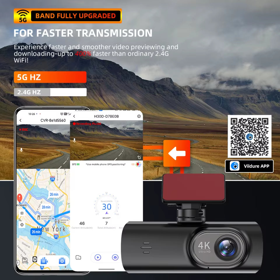 Dash Cam UHD 4K for Car Camera Night Vision with GPS Wifi 24H Parking Loop Record 4K Front and 1080P Rear Dual Lens