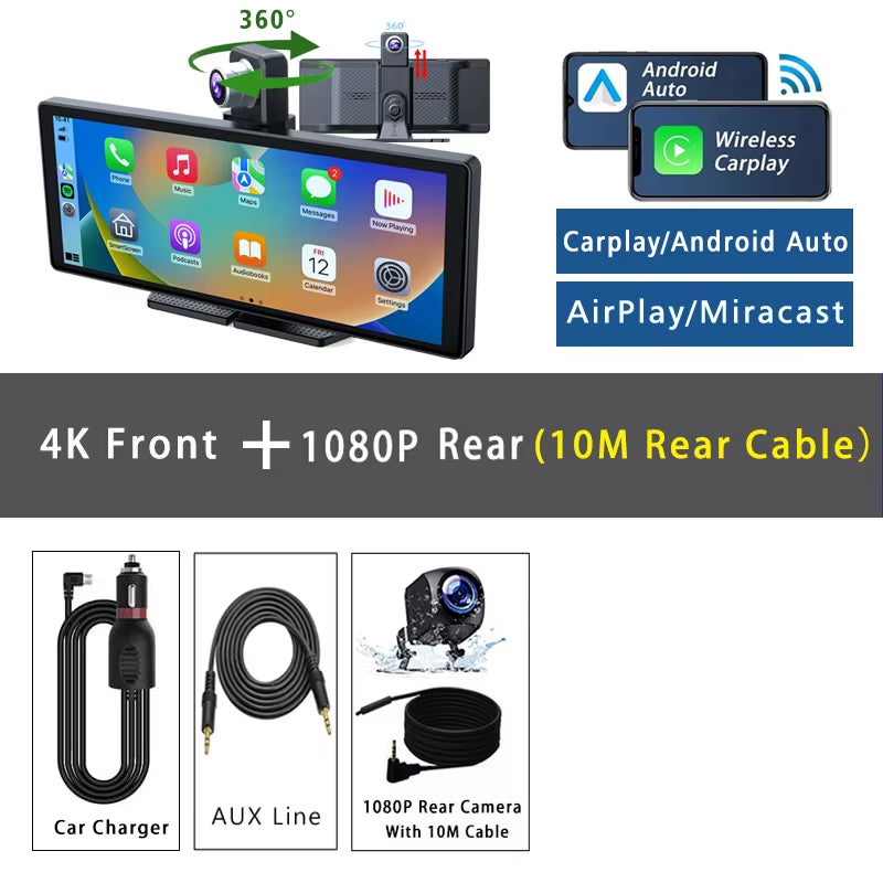 10.26" Dash Cam 4K 2160P Carplay & Android Auto Car DVR Video Drive Recorder Stream Dahscam 360 ° Rotation Camera 5G Wifi GPS FM