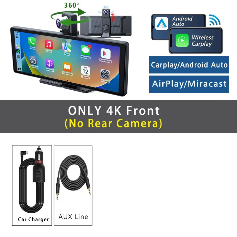 10.26" Dash Cam 4K 2160P Carplay & Android Auto Car DVR Video Drive Recorder Stream Dahscam 360 ° Rotation Camera 5G Wifi GPS FM