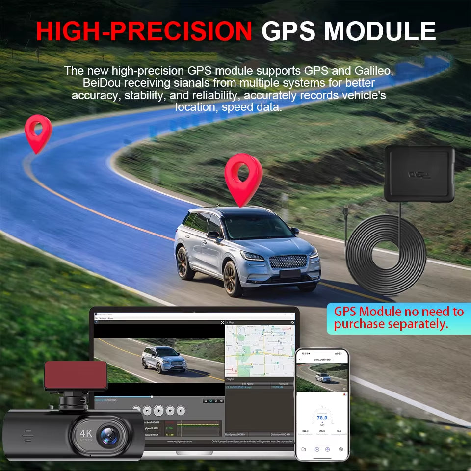 Dash Cam UHD 4K for Car Camera Night Vision with GPS Wifi 24H Parking Loop Record 4K Front and 1080P Rear Dual Lens